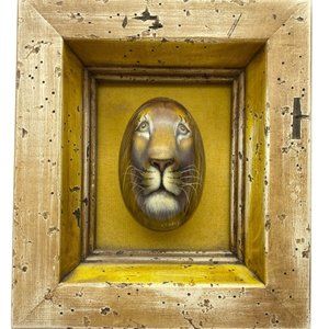 African hand‎ painted lions face on stone egg framed signed Searcy rustic